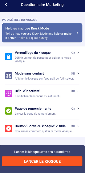 Capture d'écran de la page de lancement du mode Kiosque dans Jotform Mobile