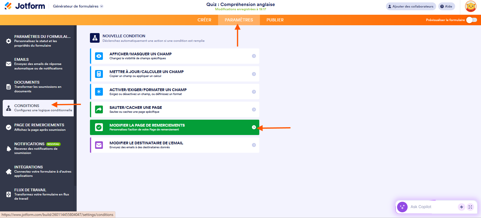 Capture d'écran de la page Nouvelle condition avec une flèche pointant vers Paramètres, une autre pointant vers Conditions et une troisième pointant vers Modifier la page de remerciements