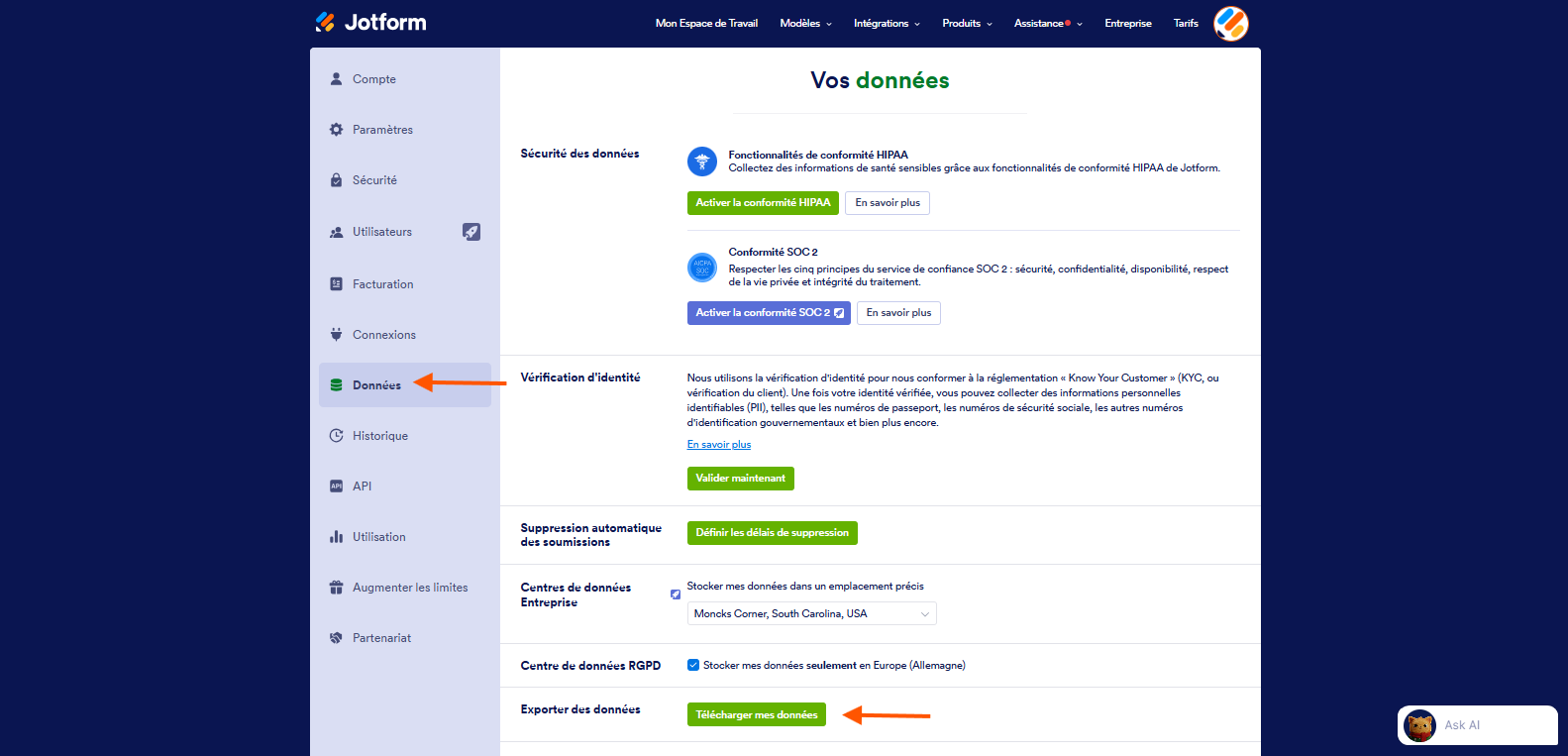Capture d'écran de la page Vos données du Générateur de formulaires Jotform avec une flèche pointant vers Données à gauche et une autre pointant vers le bouton Télécharger mes données