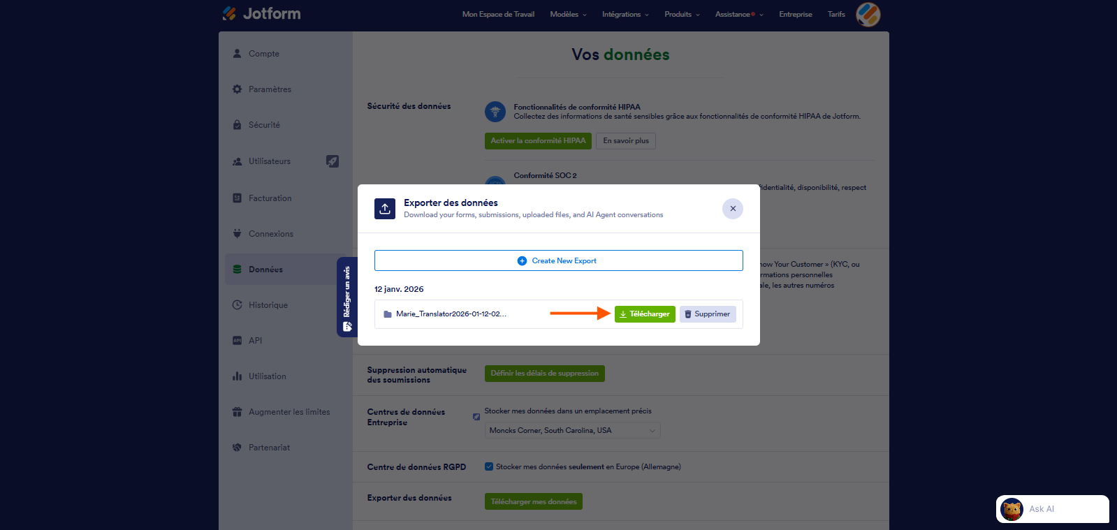Capture d'écran de la fenêtre modale Exporter des données avec une flèche pointant vers le bouton Télécharger à droite du fichier des données