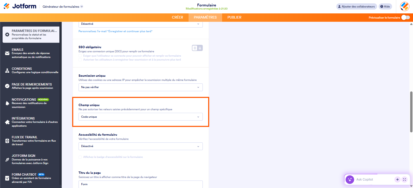Capture d'écran de la page Paramètre du formulaire dans le Générateur de formulaires Jotform avec un encadré autour de la section Champ unique