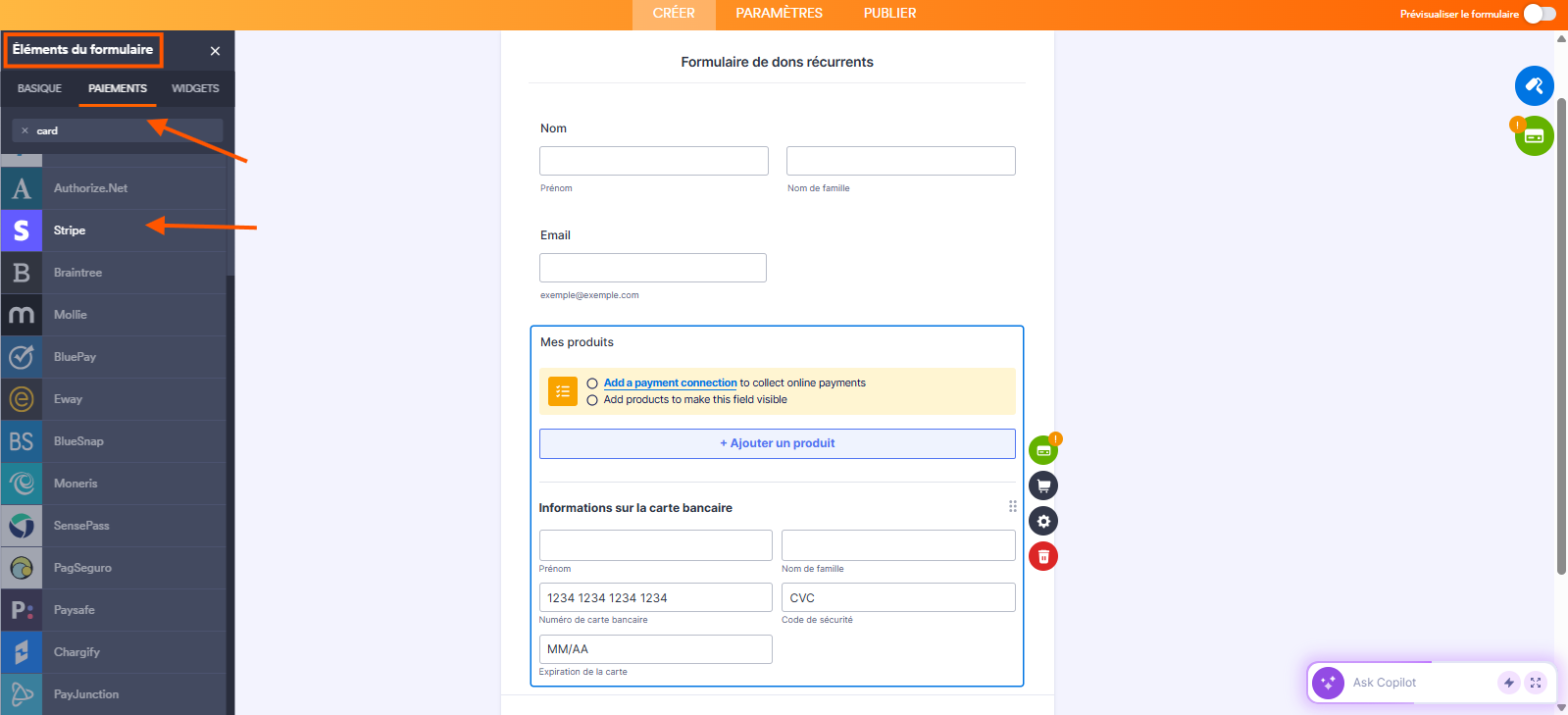 Capture d'écran d'un formulaire de dons dans le Générateur de formulaires Jotform avec un encadré autour d'Éléments du formulaire dans le volet de gauche, une flèche pointant vers Paiements et une autre pointant vers Stripe