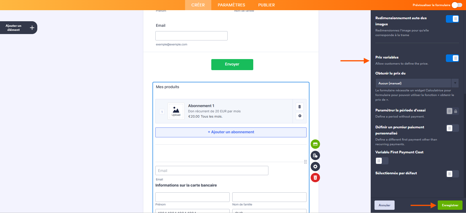 Capture d'écran du formulaire dans le Générateur de formulaires Jotform avec un élément Stripe ajouté, une flèche pointant vers Prix variable et une autre pointant vers le bouton Enregistrer dans le volet de droite