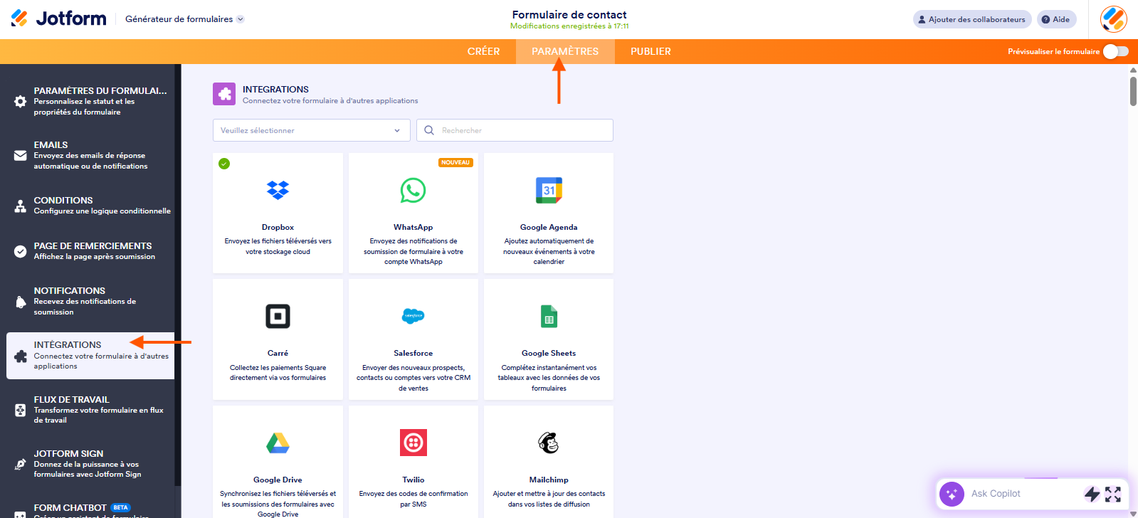 Capture d'écran de la page Intégrations du Générateur de formulaires Jotform