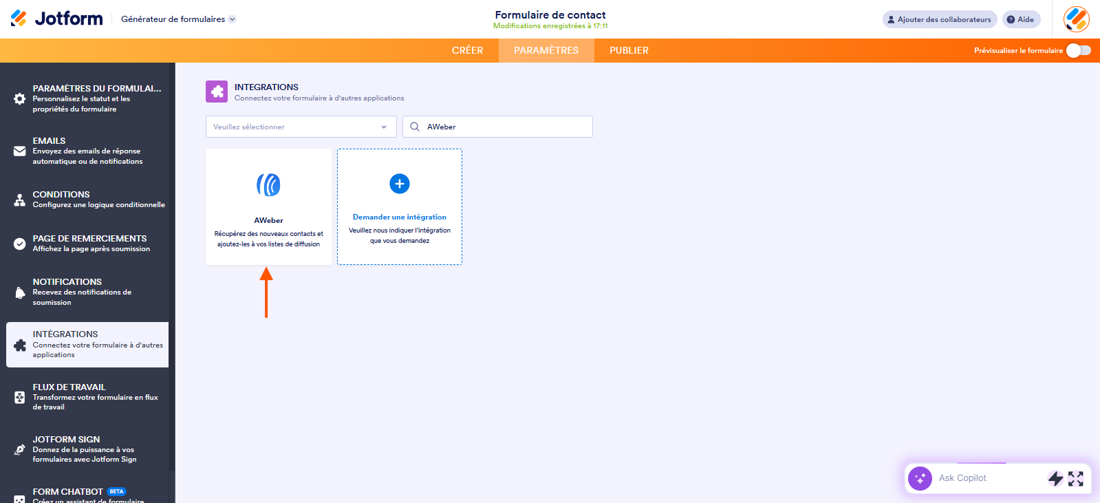 Capture d'écran de l'intégration AWeber sur la page Intégrations du Générateur de formulaires Jotform
