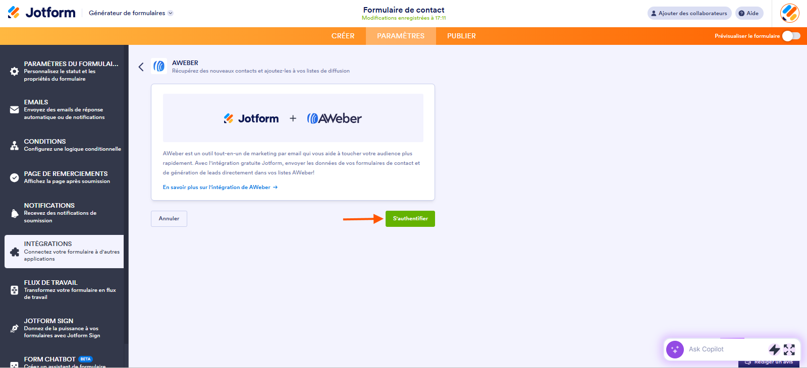 Capture d'écran de la page d'authentification de l'intégration AWeber dans le Générateur de formulaires Jotform