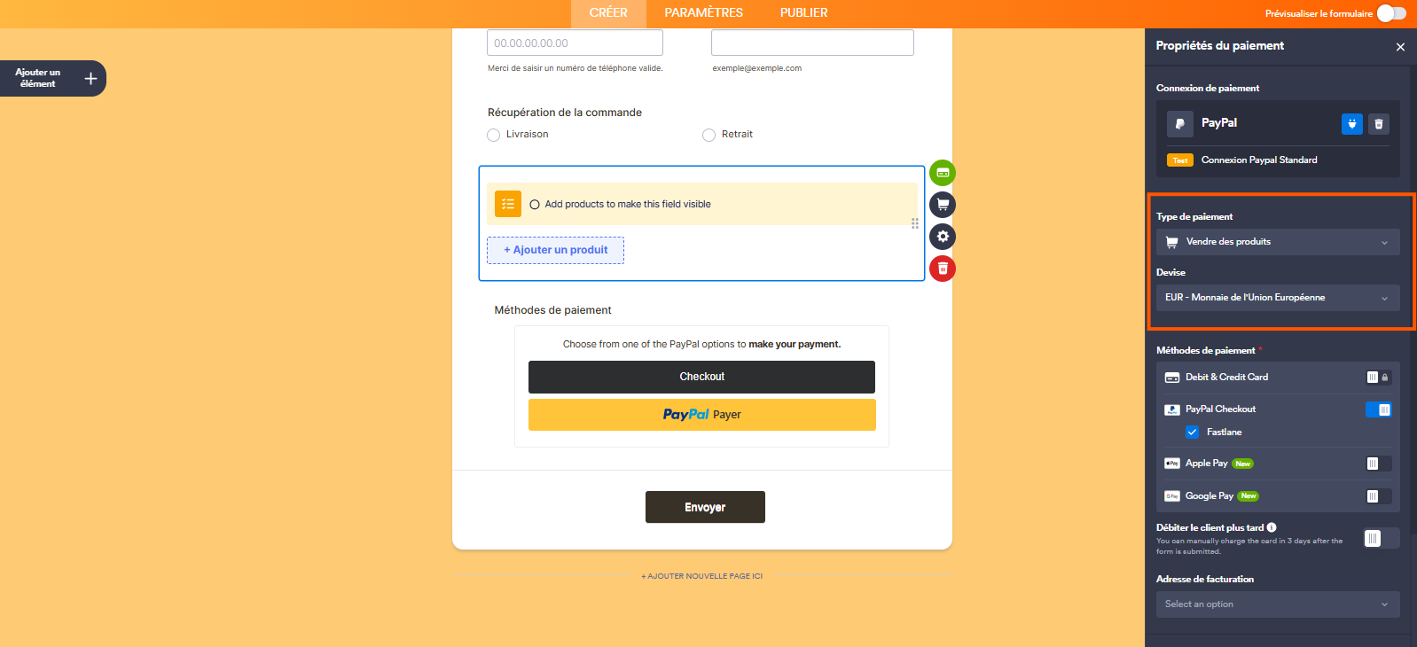 Capture d'écran d'un formulaire dans le Générateur de formulaires Jotform avec le volet Propriétés du paiement ouvert à droite et un encadré autour des paramètres Type de paiement et Devise