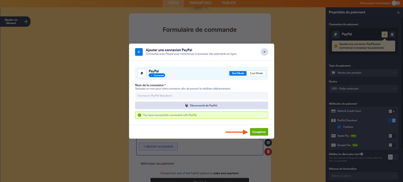 Capture d'écran de la fenêtre modale Ajouter une connexion PayPal Standard dans le Générateur de formulaires Jotform avec une flèche pointant vers le bouton Enregistrer d'une connexion réussie à PayPal