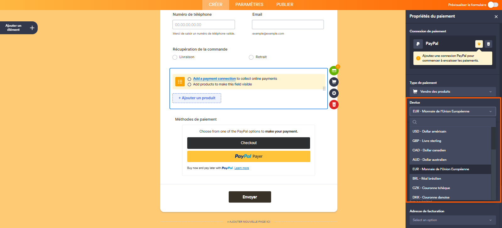 Capture d'écran montrant toutes les options de la liste déroulante Devises dans le volet Propriétés du paiement dans Jotform
