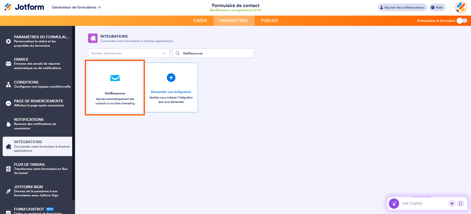 Capture d'écran de la page des intégrations dans le Générateur de formulaires Jotform avec un encadré autour de GetResponse dans les résultats de recherche