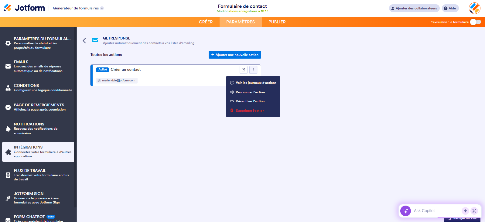 Capture d'écran de la fenêtre de gestion de l'intégration GetResponse dans le Générateur de formulaires Jotform qui montre le menu avec les options Voir les journaux d'actions, Renommer l'action, Désactiver l'action et Supprimer l'action
