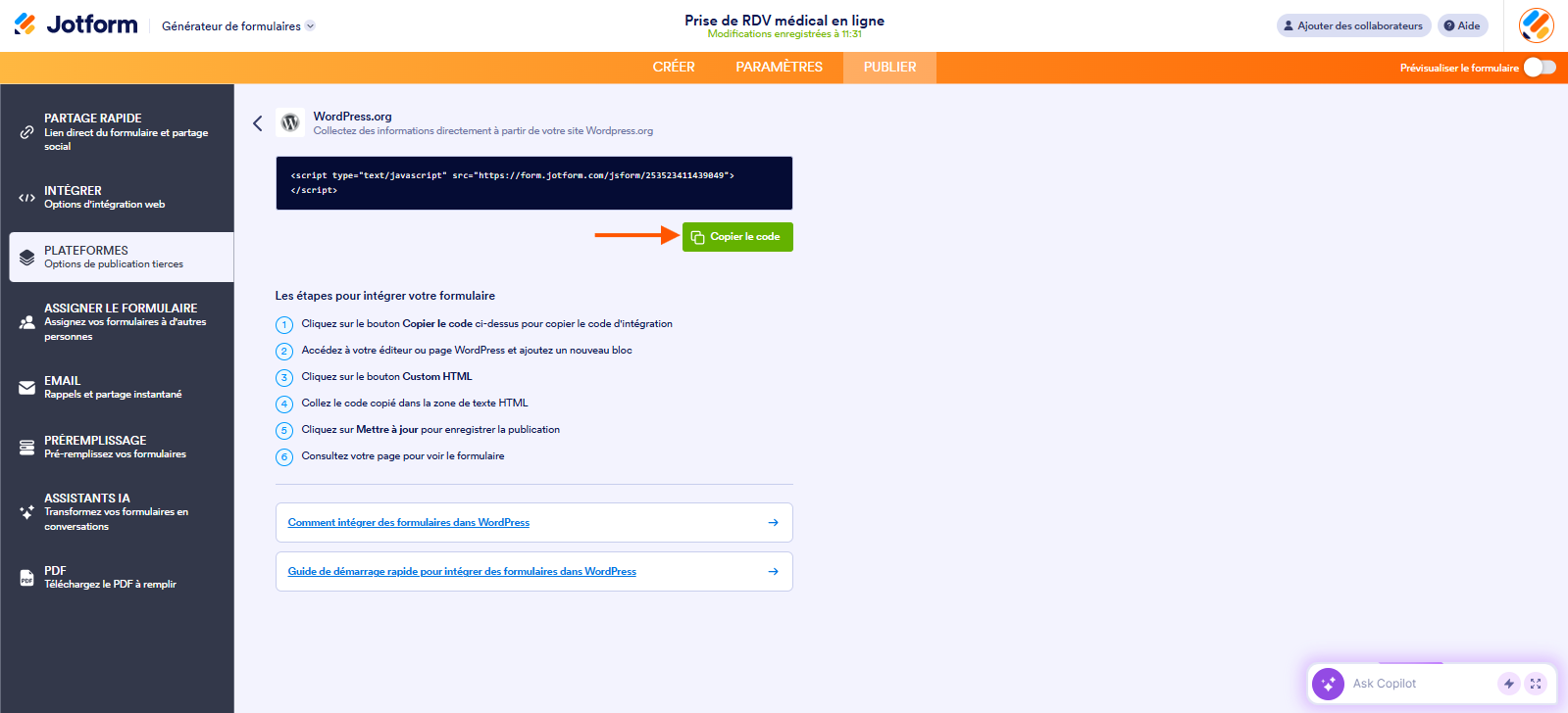 Capture d'écran de la page WordPress