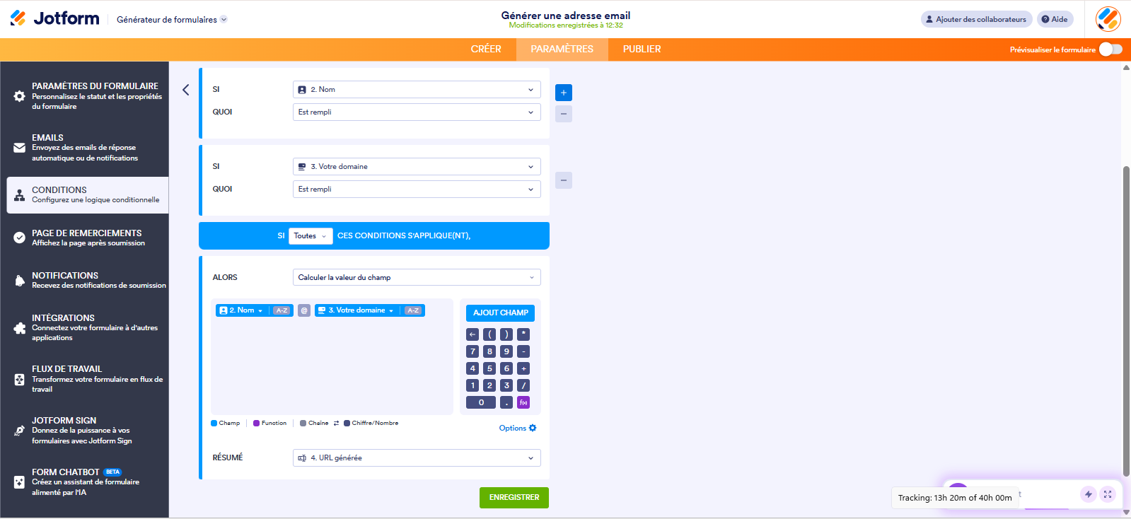Capture d'écran des conditions de la logique conditionnelle dans le Générateur de formulaires Jotform