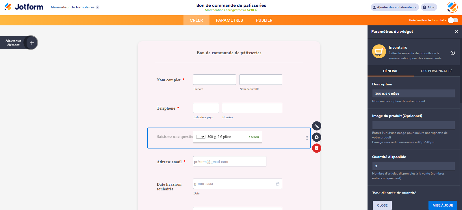 Capture d'écran des paramètres du widget Inventaire dans le Générateur de formulaires Jotform