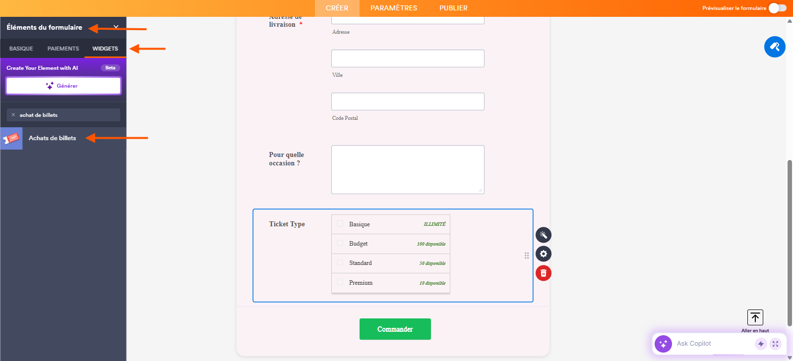 Capture d'écran d'un formulaire avec une flèche pointant vers Éléments de formulaire, une autre vers l'onglet Widgets et une troisième vers Achat de billets dans les résultats de recherche dans le volet de gauche du Générateur de formulaires Jotform