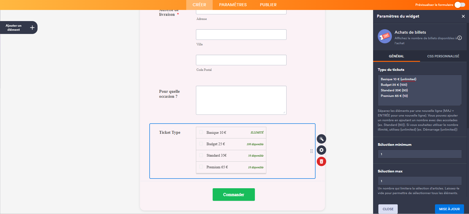 Capture d'écran du volet Paramètres du widget Achat de billets dans le Générateur de formulaires Jotform