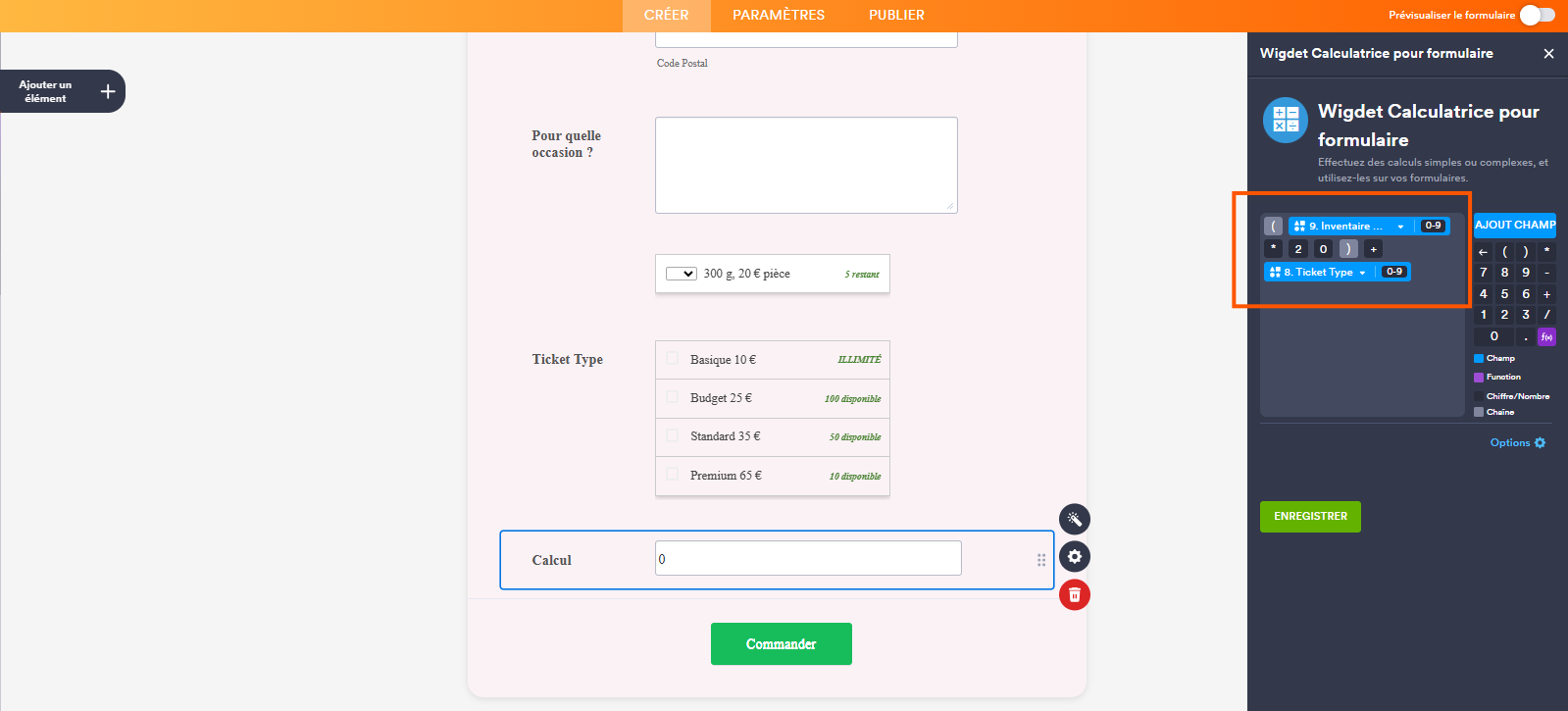 Capture d'écran du calcul combiné des deux widgets dans le widget Calculatrice pour formulaire dans le Générateur de formulaires Jotform