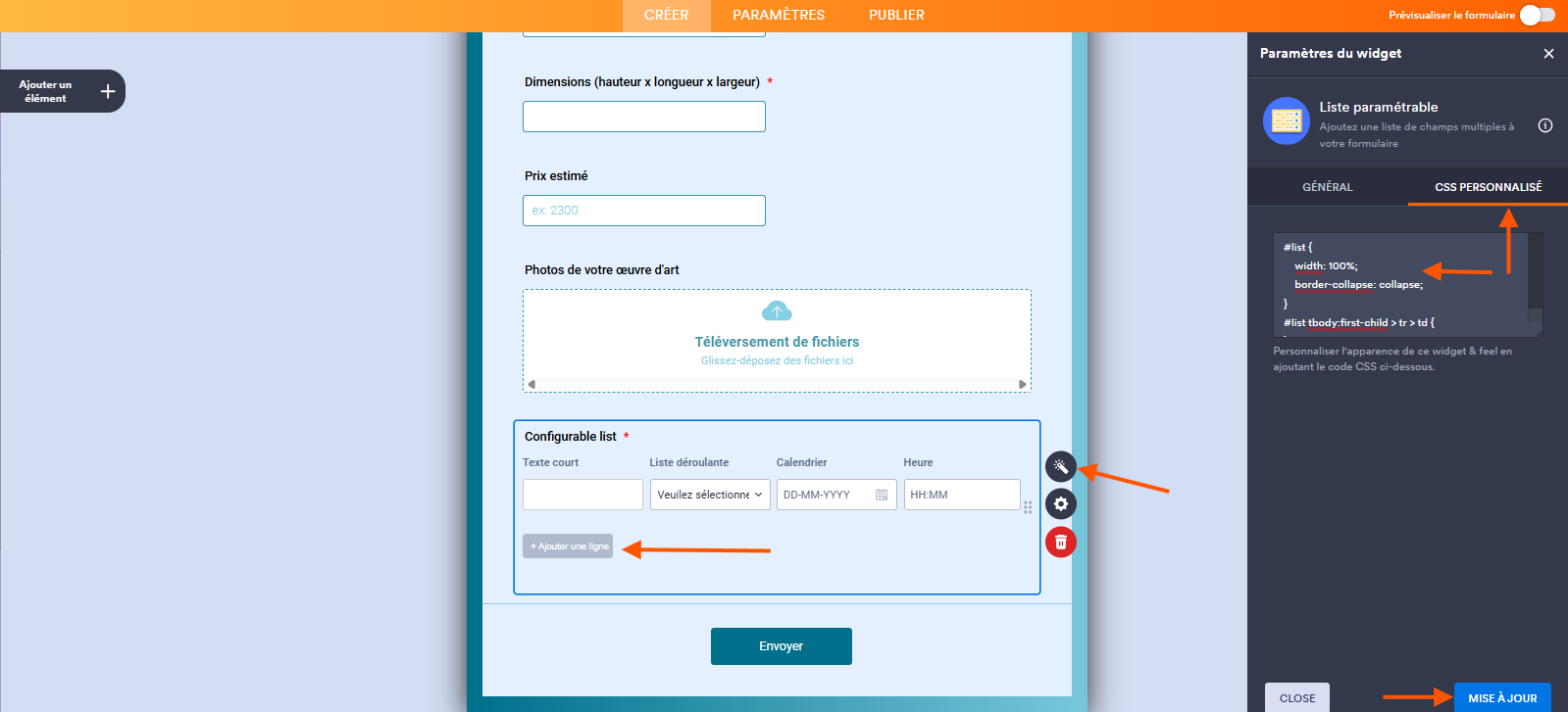 Capture d'écran des étapes pour personnaliser un widget dans le Générateur de formulaires Jotform à l'aide de l'onglet CSS personnalisé