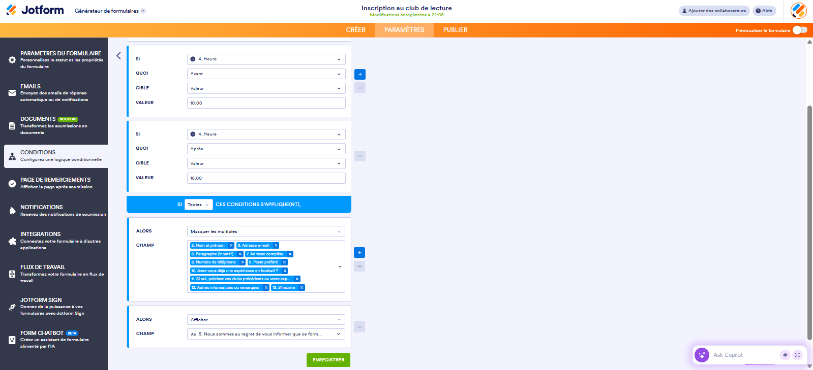 Capture d'écran des règles de conditions définies dans le Générateur de formulaires Jotform