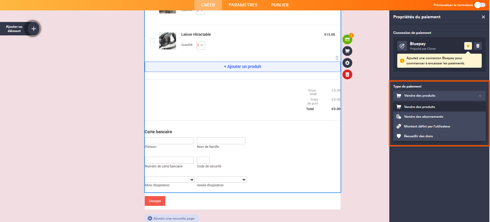 Capture d'écran d'un élément de paiement Bluepay ajouté à un formulaire dans le Générateur de formulaires Jotform avec un encadré autour des options Type de paiement dans le volet Propriétés du paiement