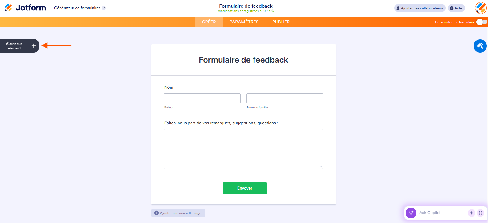 Capture d'écran d'un formulaire de feedback dans le Générateur de formulaires Jotform avec une flèche pointant vers le bouton Ajouter des éléments
