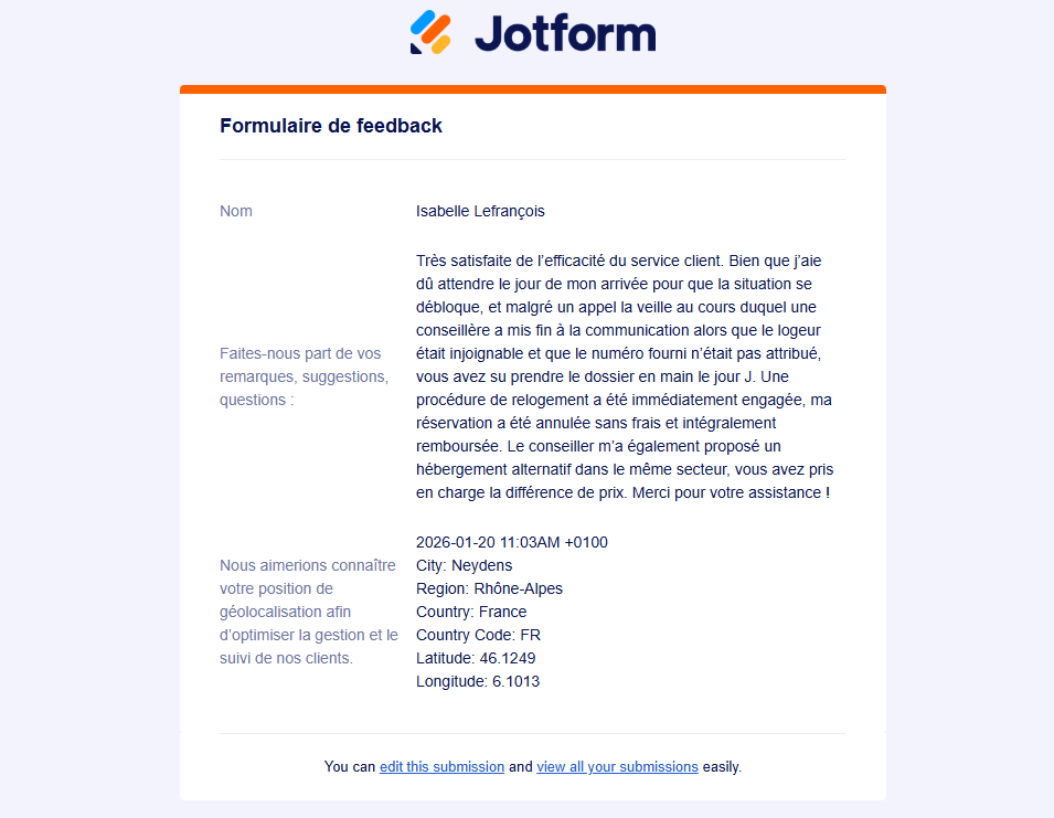 Capture d'écran de l'email de notification reçue après qu'une personne a rempli et soumis le formulaire, montrant les positions de géolocalisation