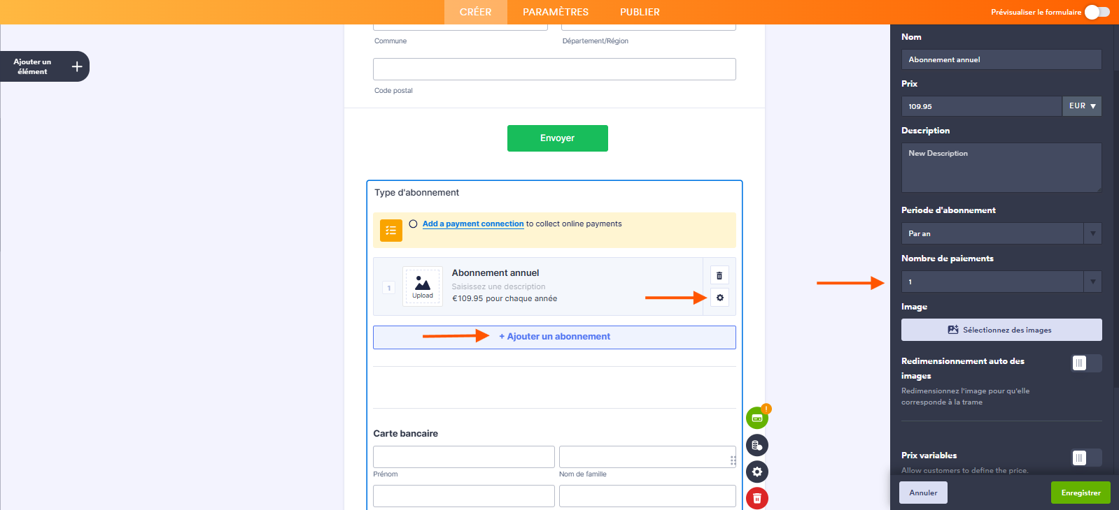 Capture d'écran d'un élément de paiement dans un formulaire dans le Générateur de formulaires Jotform avec une flèche vers l'icône d'engrenage de la section Liste de produits, une autre vers Ajouter un abonnement et la troisième vers Nombre de paiements avec le chifrre 1 comme valeur