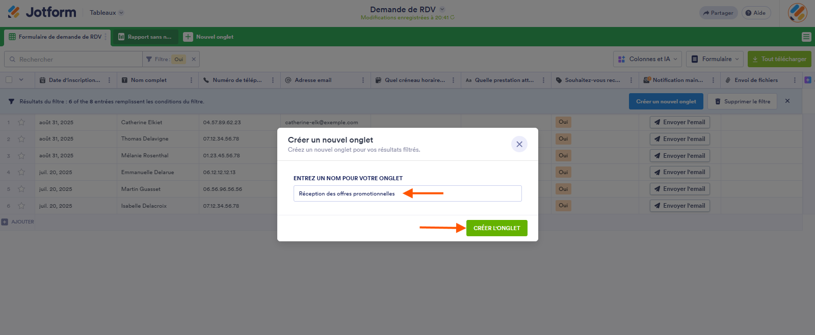 Capture d'écran d'un tableau dans les Tableaux Jotform avec la fenêtre modale Créer un nouvel onglet, une flèche pointant vers le champ de saisie du nom de l'onglet et une autre vers le bouton Créer l'onglet