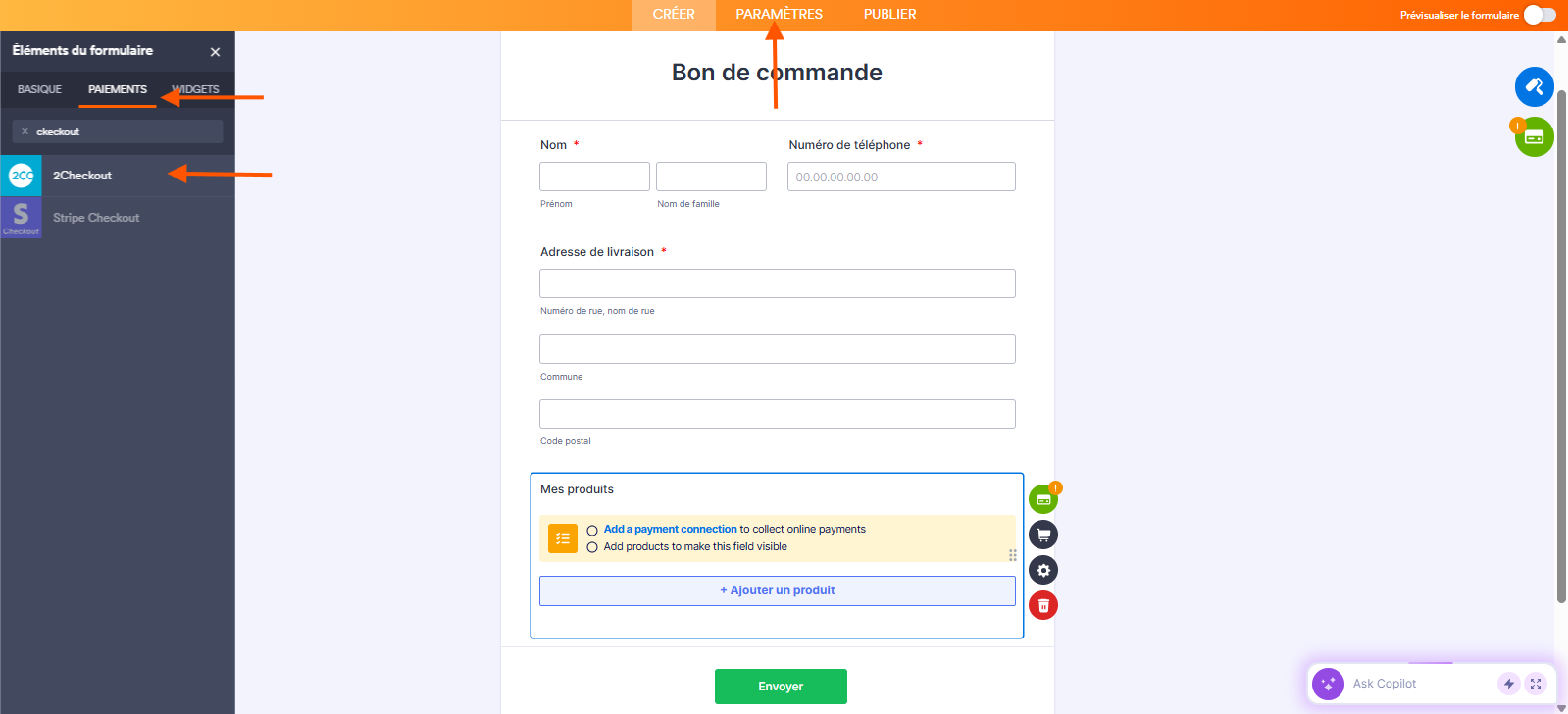 Capture d'écran d'un formulaire Bon de commande dans le Générateur de formulaires Jotform avec une flèche pointant vers Paramètres, une autre vers l'onglet Paiements et une troisième vers 2Checkout