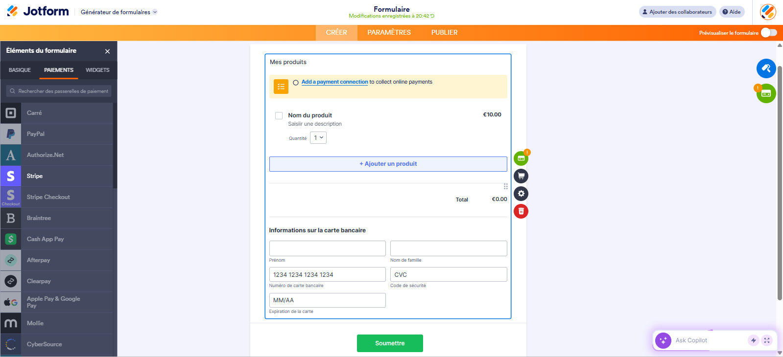 Capture d'écran d'un formulaire dans le Générateur de formulaires Jotform avec un élément Paiement