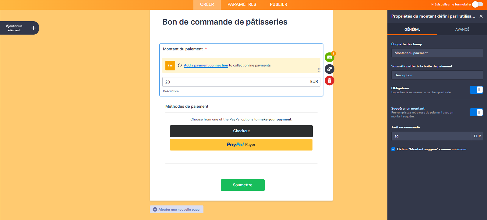 Capture d'écran du volet Propriétés du montant défini par l'utilisateur avec un encadré autour des options Suggérer un montant, Tarif recommandé et Définir "Montant suggéré" comme minimum