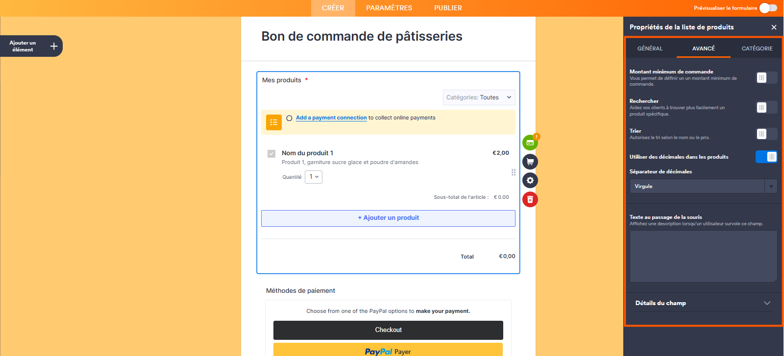 Capture d'écran des paramètres de l'onglet Avancé du volet Propriétés de la liste de produits avec les options Utiliser des décimales dans les produits, Séparateur de décimales, Texte au passage de la souris, Trier, Montant minium de la commande et Rechercher