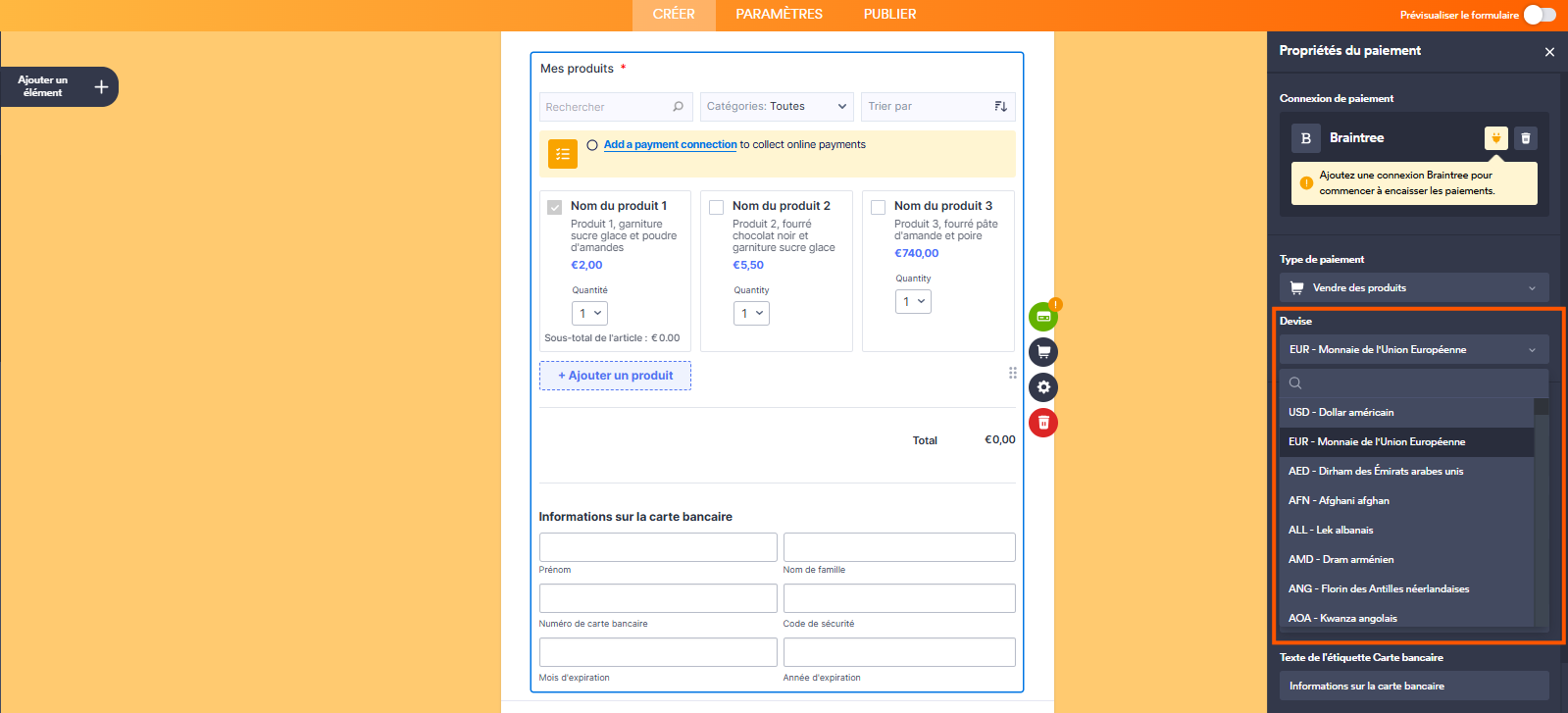 Capture d'écran du menu de sélection de la devise du volet Intégration Braintree dans le Générateur de formulaires Jotform