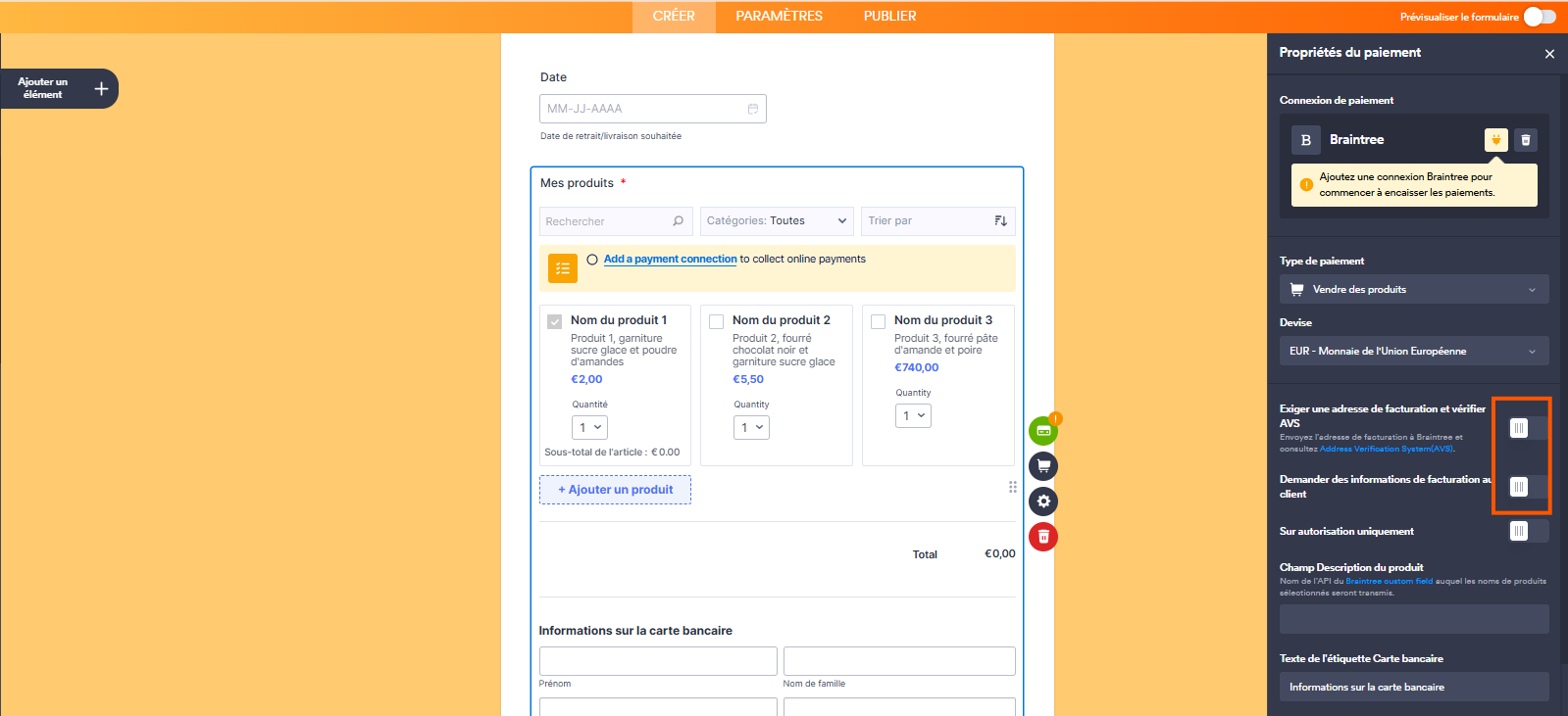 Capture d'écran d'un formulaire dans le Générateur de formulaires Jotform avec un encadré autour des options Exiger une adresse de facturation et vérifier AVS et Demander des informations de facturation au client