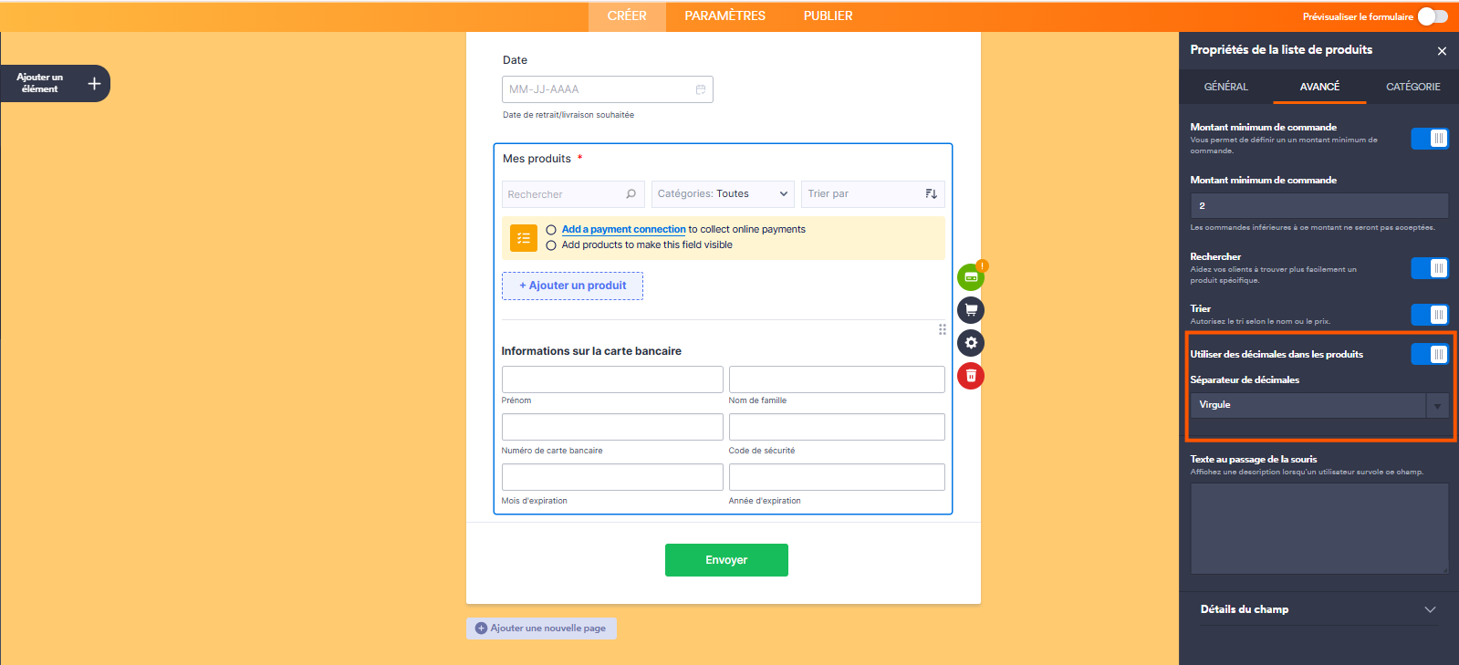 Capture d'écran du volet Propriétés de la liste de produits dans le Générateur de formulaires Jotform avec les options Utiliser des décimales dans les produits et Séparateur de décimales activées