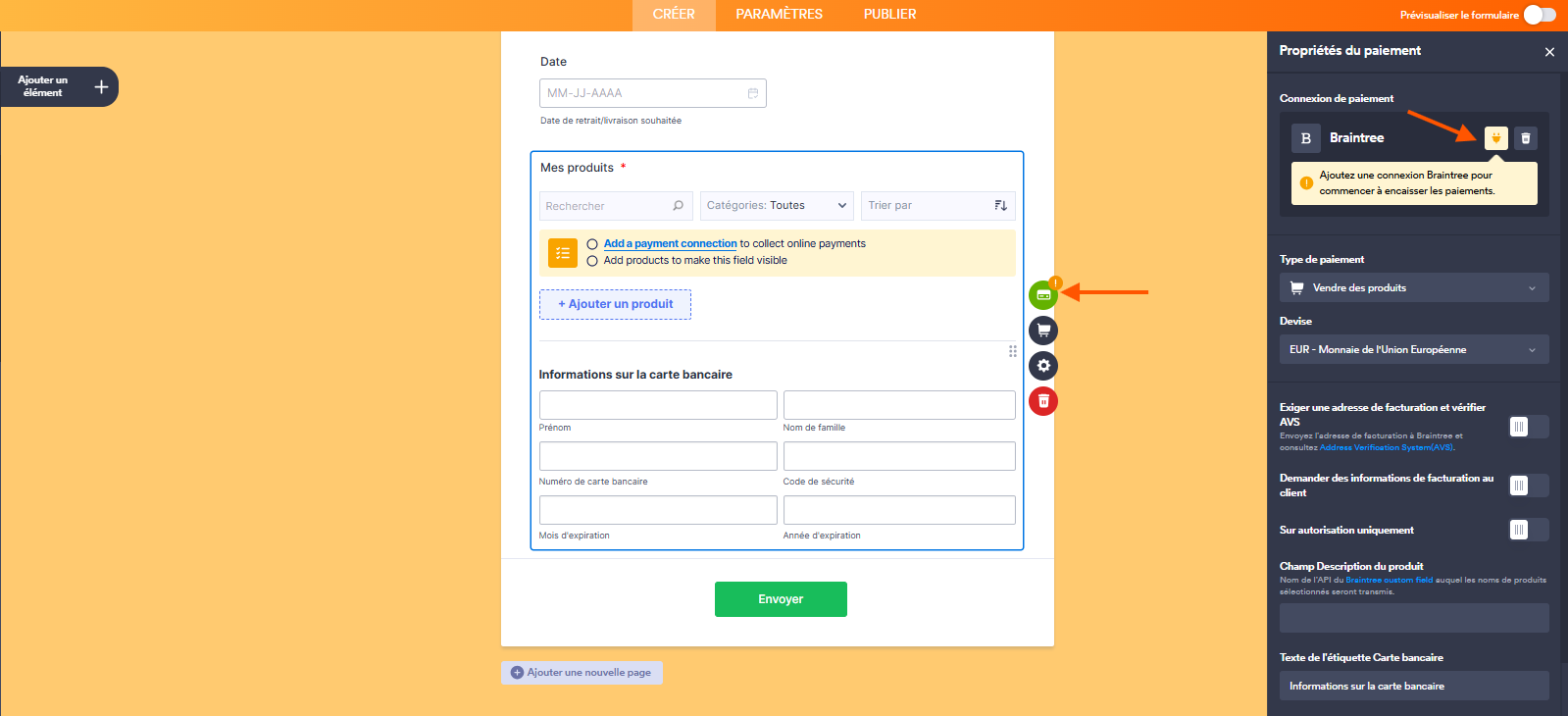 Capture d'écran du volet Propriétés du paiement dans le Générateur de formulaires Jotform avec une flèche pointant vers l'icône de carte bancaire à droite de l'élément de paiement et une autre vers l'icône de prise électrique