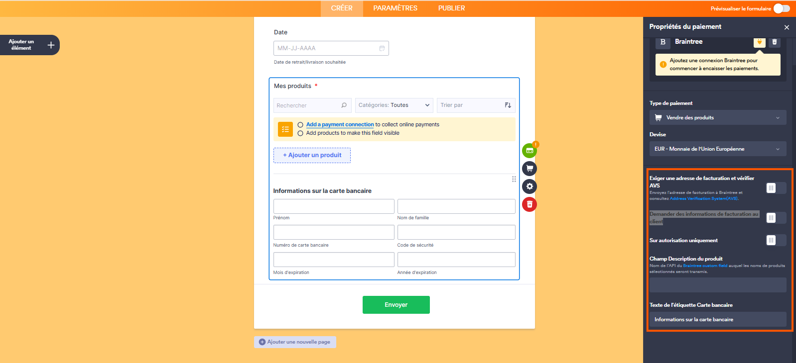 Capture d'écran du volet Propriétés du paiement dans le Générateur de formulaires Jotform avec un encadré autour des paramètres configurables tels que l'adresse de facturation, l'AVS et l'autorisation de carte