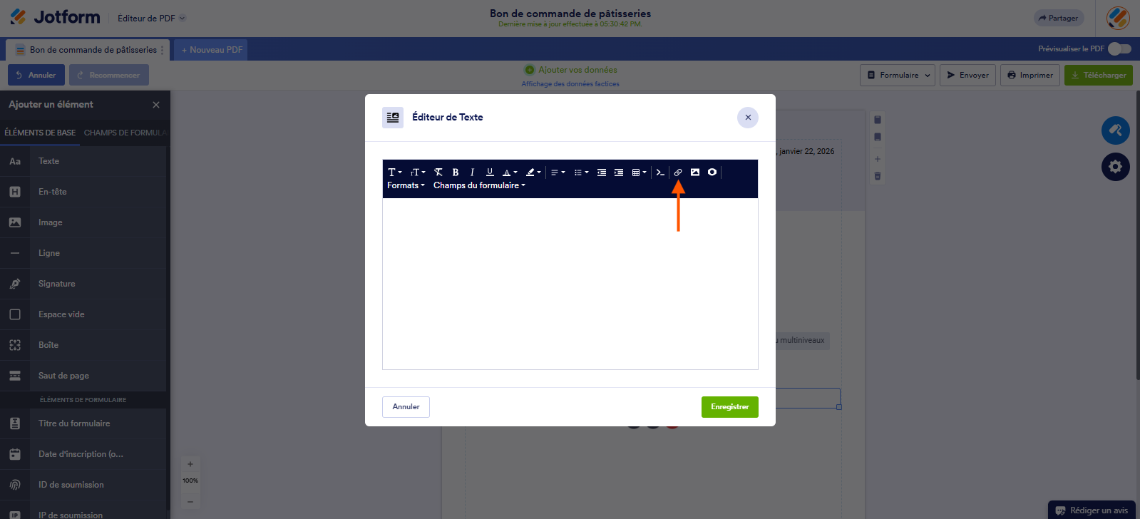 Capture d'écran de l'Éditeur de texte avec une flèche pointant vers l'icône Insérer/Modifier un lien