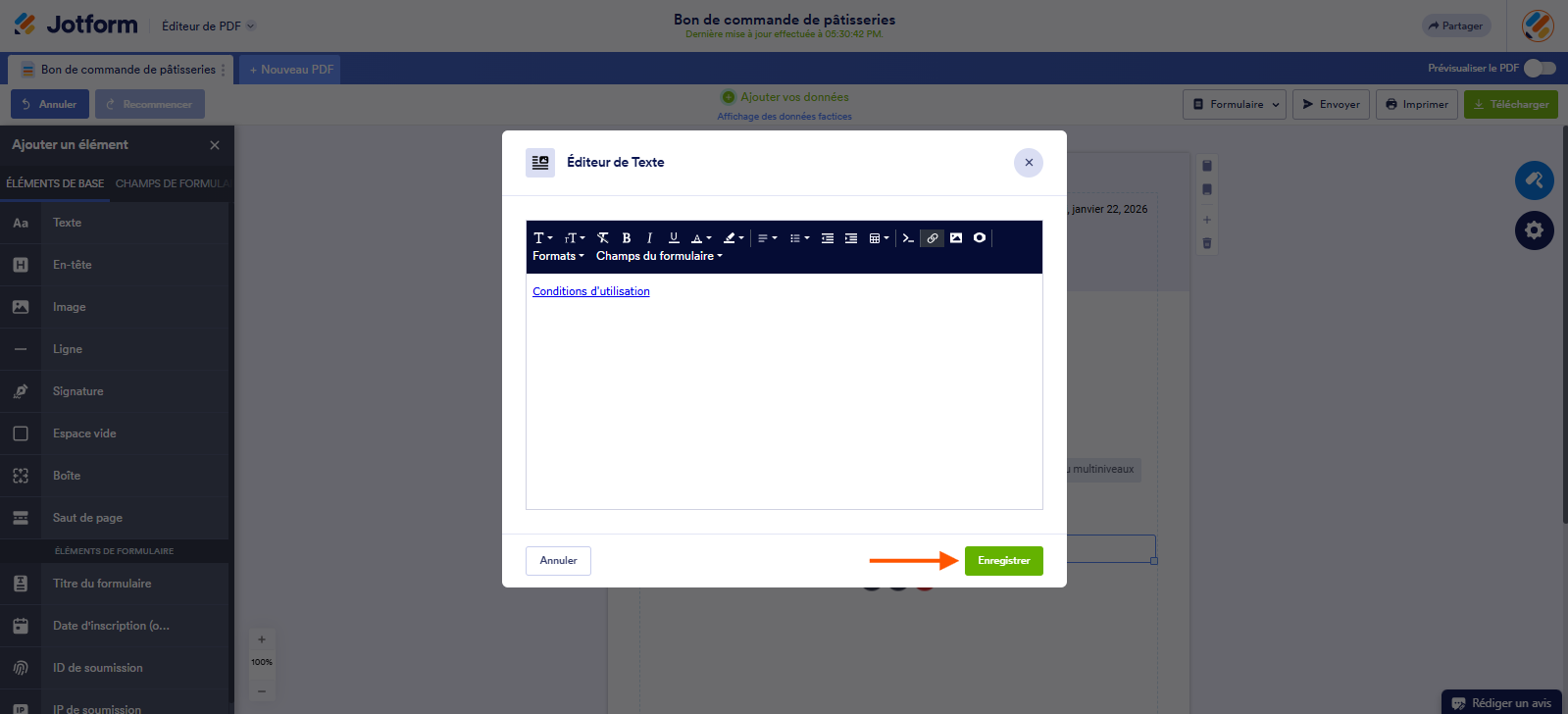 Capture d'écran de l'éditeur de texte avec Conditions d'utilisation sous forme d'un lien hyperlink et une flèche pointant vers le bouton Enregistrer