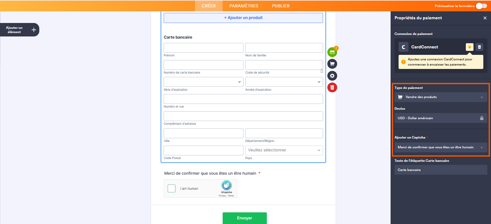 Capture d'écran du volet Propriétés du paiement de l'élément CardConnect avec un encadré autour des champs à configurer (devise, ajout de captcha et de type de paiement) dans le Générateur de formulaires Jotform