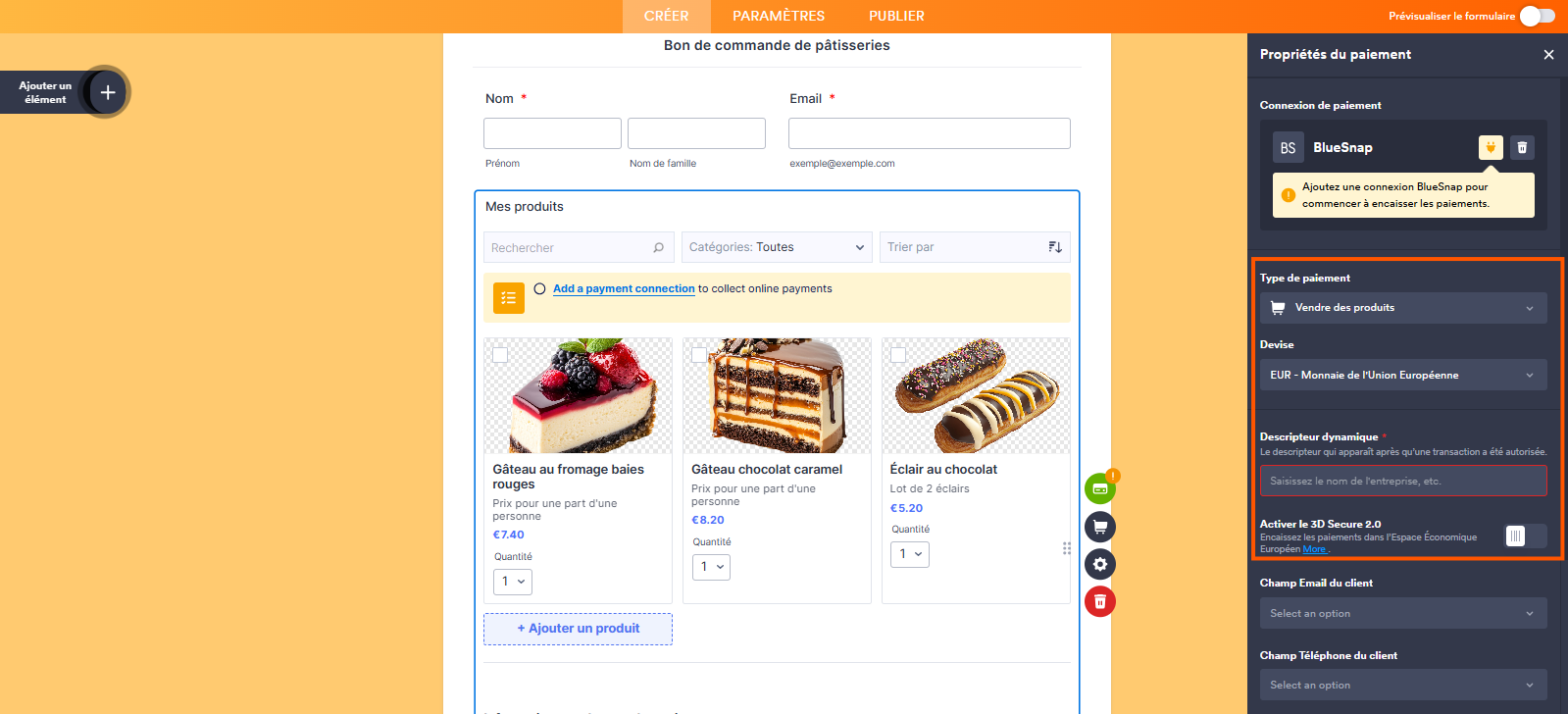 Capture d'écran d'un formulaire avec un élément de paiement BlueSnap dans le Générateur de formulaires Jotform avec un encadré autour des sections Devise, Activez 3D Secure 2