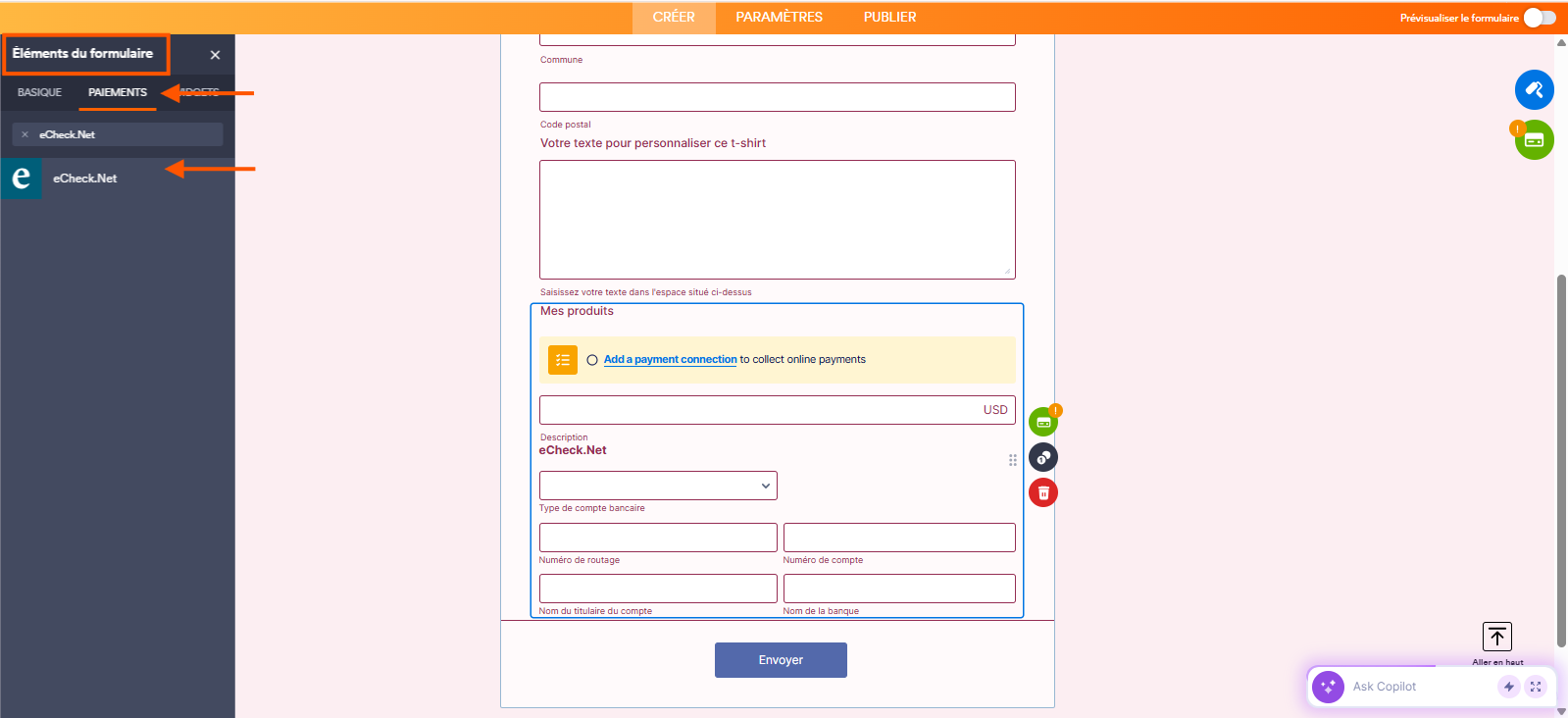 Capture d'écran d'un formulaire dans le Générateur de formulaires Jotform avec un élément paiement, un encadré autour de Éléments de formulaire dans le volet de gauche, une flèche vers Paiements et une autre vers eCheck