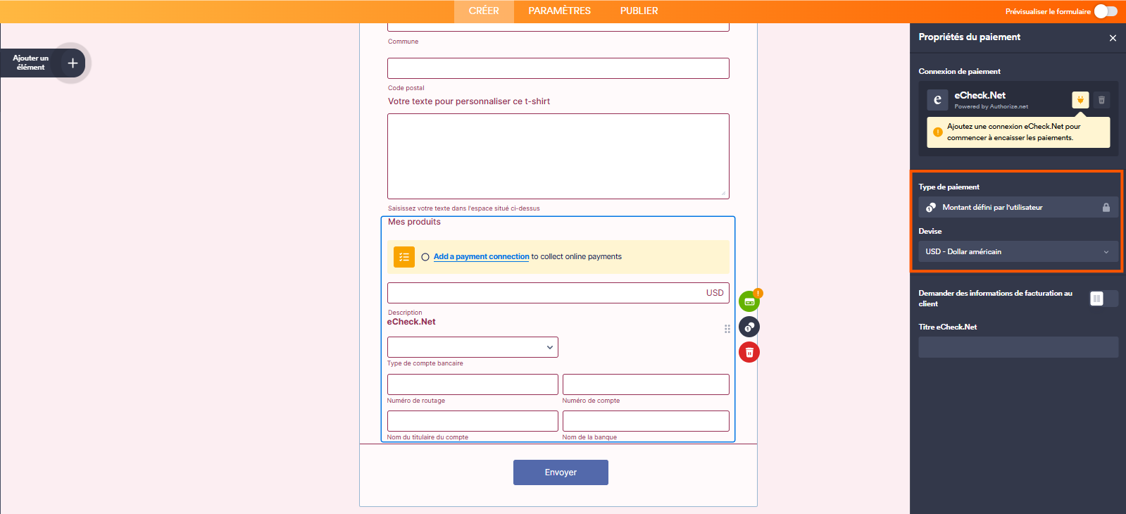 Capture d'écran de l'élément de paiement eCheck