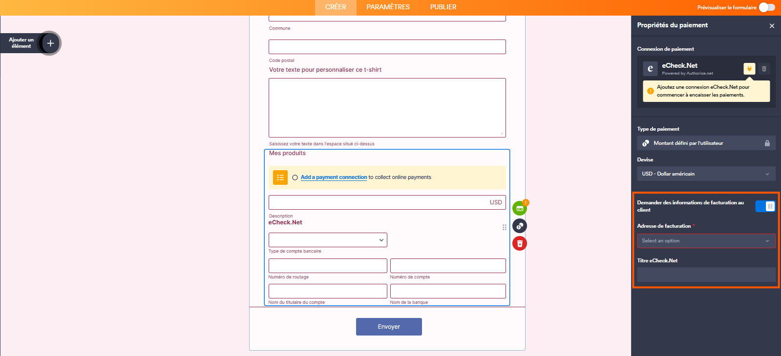 Capture d'écran de l'élément de paiement eCheck