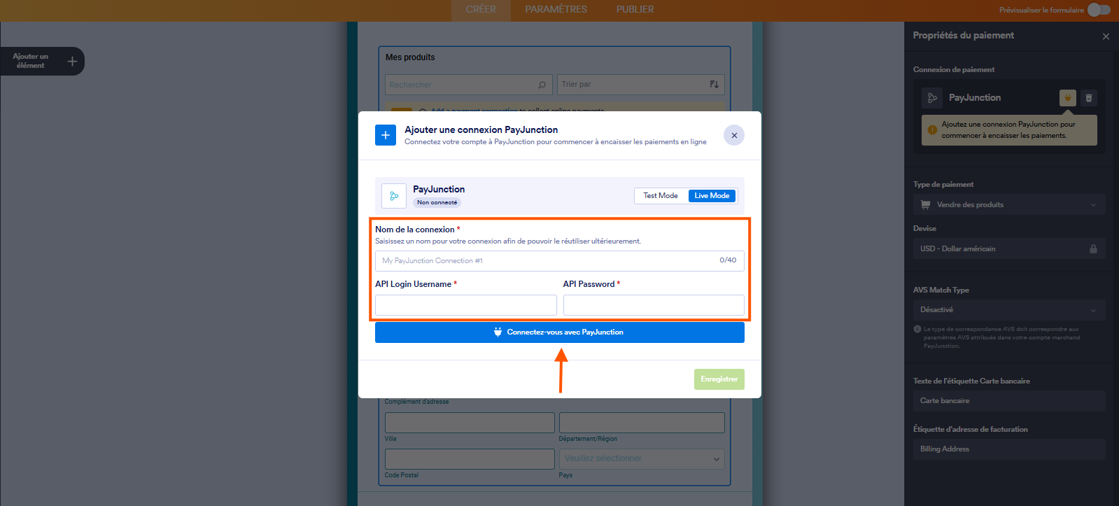 Capture d'écran de la fenêtre modale Ajouter une connexion PayJunction dans le Générateur de formulaire Jotform avec un encadré autour des champs à configurer et une flèche vers Connectez-vous à PayJunction