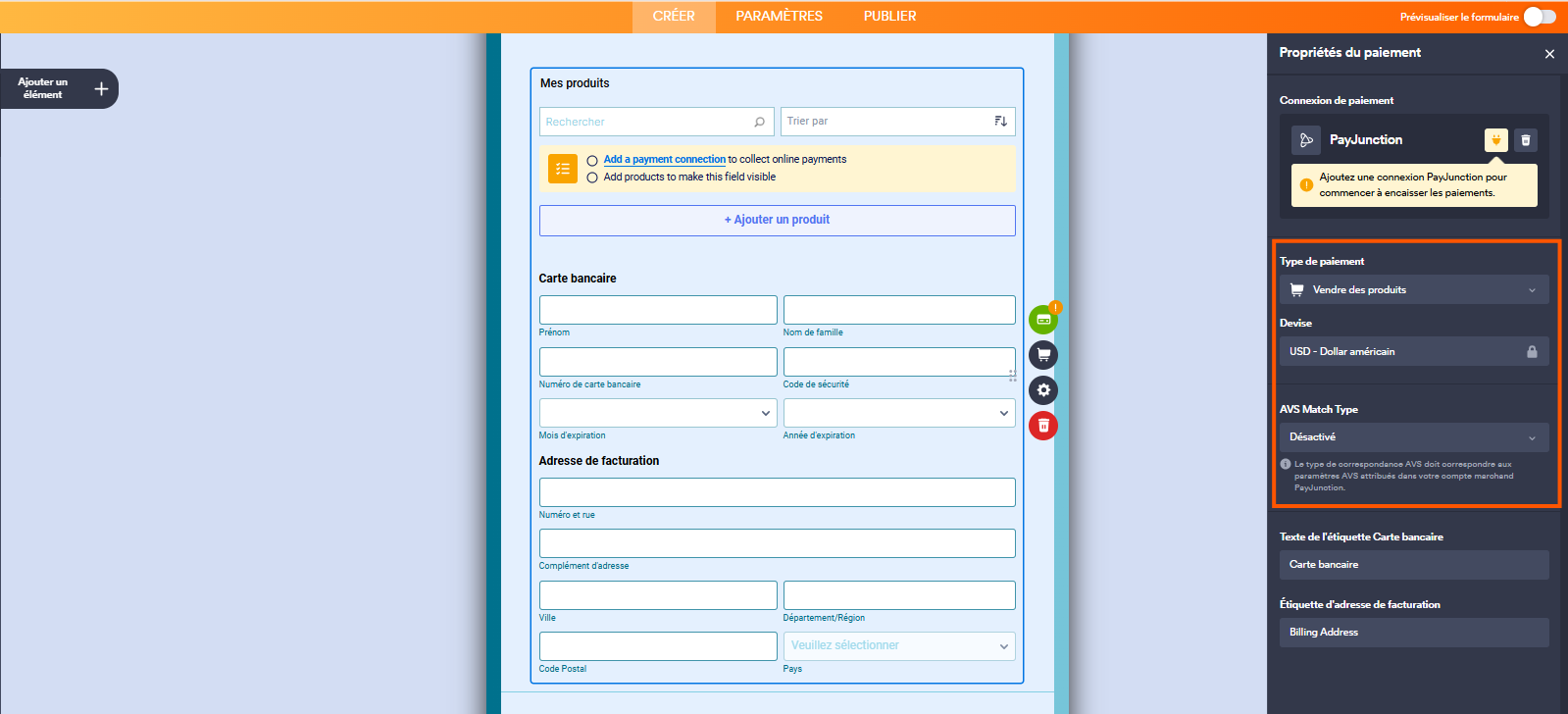 Capture d'écran de la fenêtre modale Ajouter une connexion PayJunction dans le Générateur de formulaire Jotform avec un encadré autour des champs Type de paiement et Type de correspondance AVS
