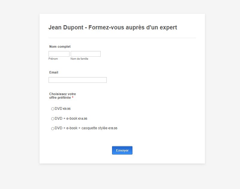 Capture d'écran d'un formulaire qui illustre un formulaire de commande de type Un seul produit, plusieurs choix possibles