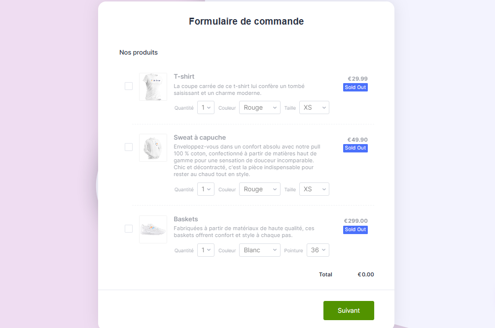 Capture d'écran d'un formulaire qui illustre un formulaire de commande de type Plusieurs produits, plusieurs choix possibles
