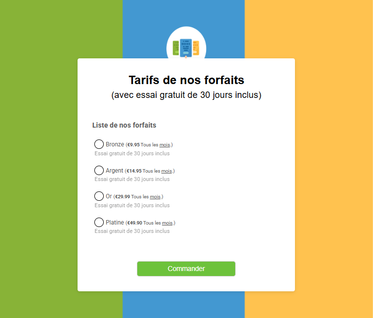 Capture d'écran d'un formulaire qui illustre un formulaire d'abonnement avec paiements récurrents, et plusieurs choix possibles