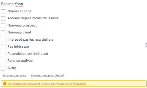 Capture d'écran d'une liste de balises Keap sous forme de cases à cocher dans le Générateur de formulaires Jotform